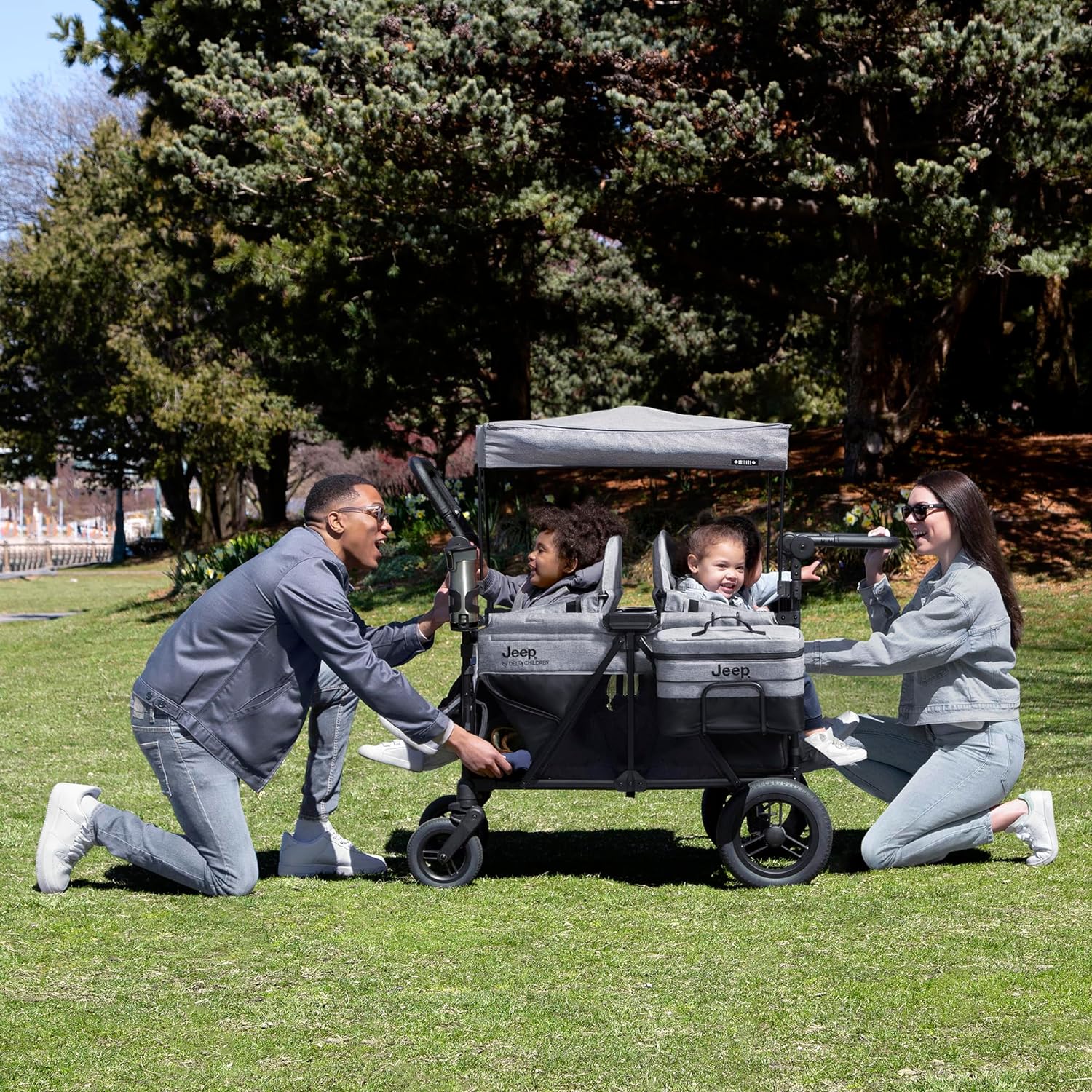 Jeep Wrangler Deluxe 4 Seater Stroller Wagon by Delta Children - Premium Quad Stroller Wagon for 4 Kids