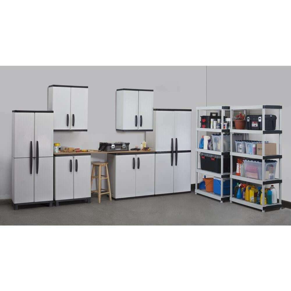 2025 Gray Plastic Freestanding Garage Cabinet, 35′′W x 71′′H x 18′′D, with Adjustable Shelves and Lockable Doors