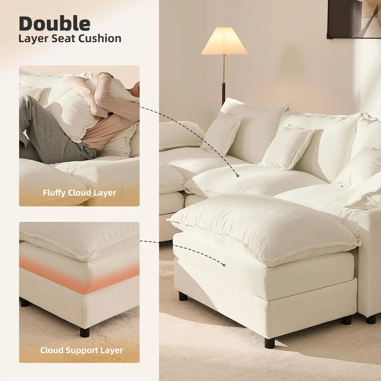 108" U Shaped Couch, Modular Sectional Sofa, 3-Seater Comfy Cloud Couch with Movable Ottoman, Deep Seat Couches for Living Room, Linen, Beige