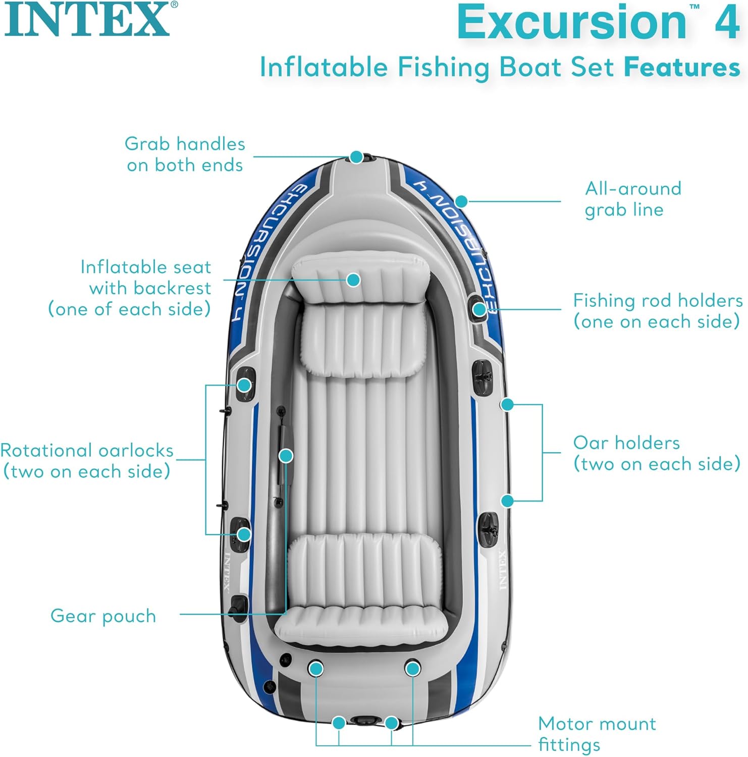 Excursion Inflatable Boat Series: Includes Deluxe 54in Boat Oars and High-Output Pump – SuperTough PVC – Adjustable Seats with Backrest – Fishing Rod Holders – Welded Oar Locks