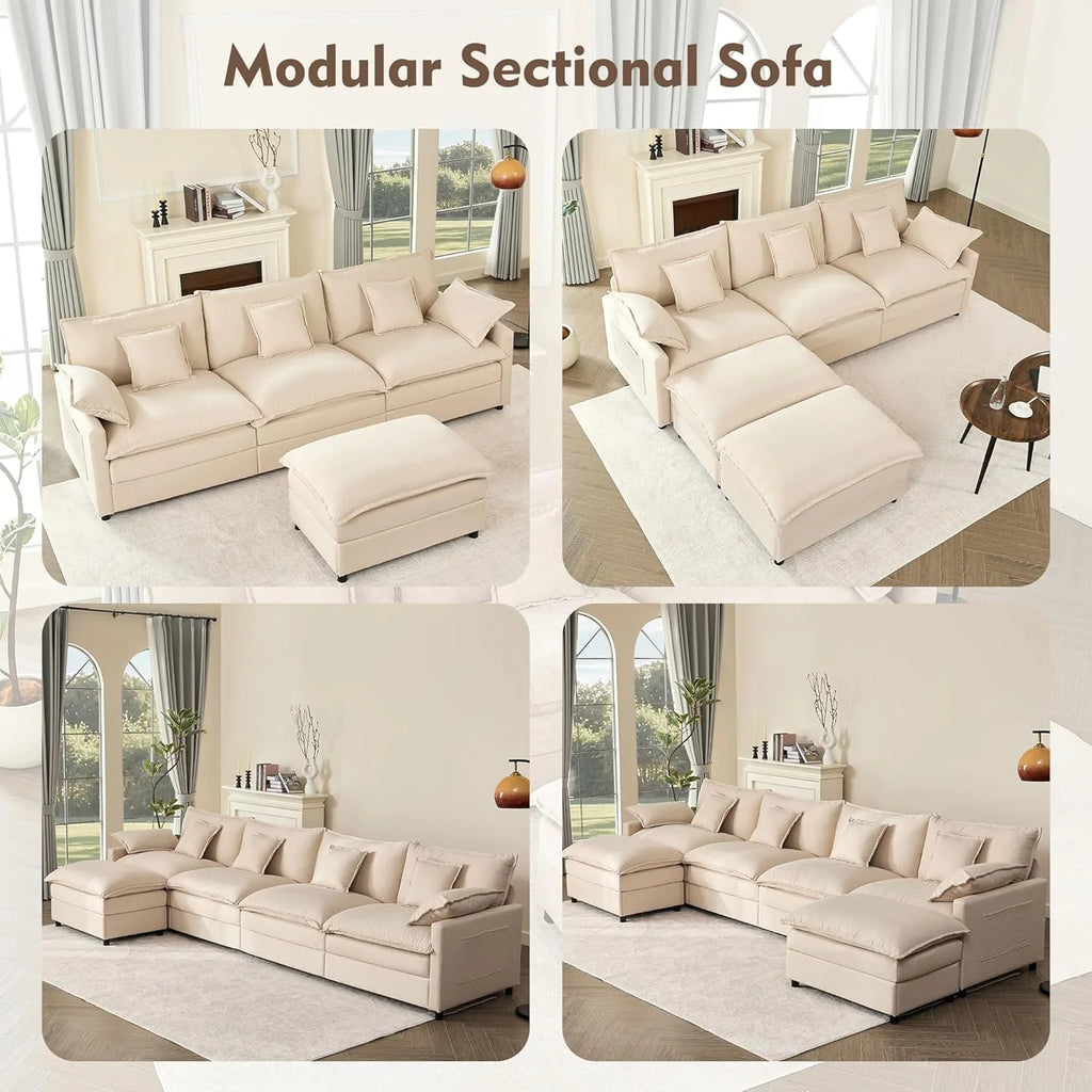 108" U Shaped Couch, Modular Sectional Sofa, 3-Seater Comfy Cloud Couch with Movable Ottoman, Deep Seat Couches for Living Room, Linen, Beige