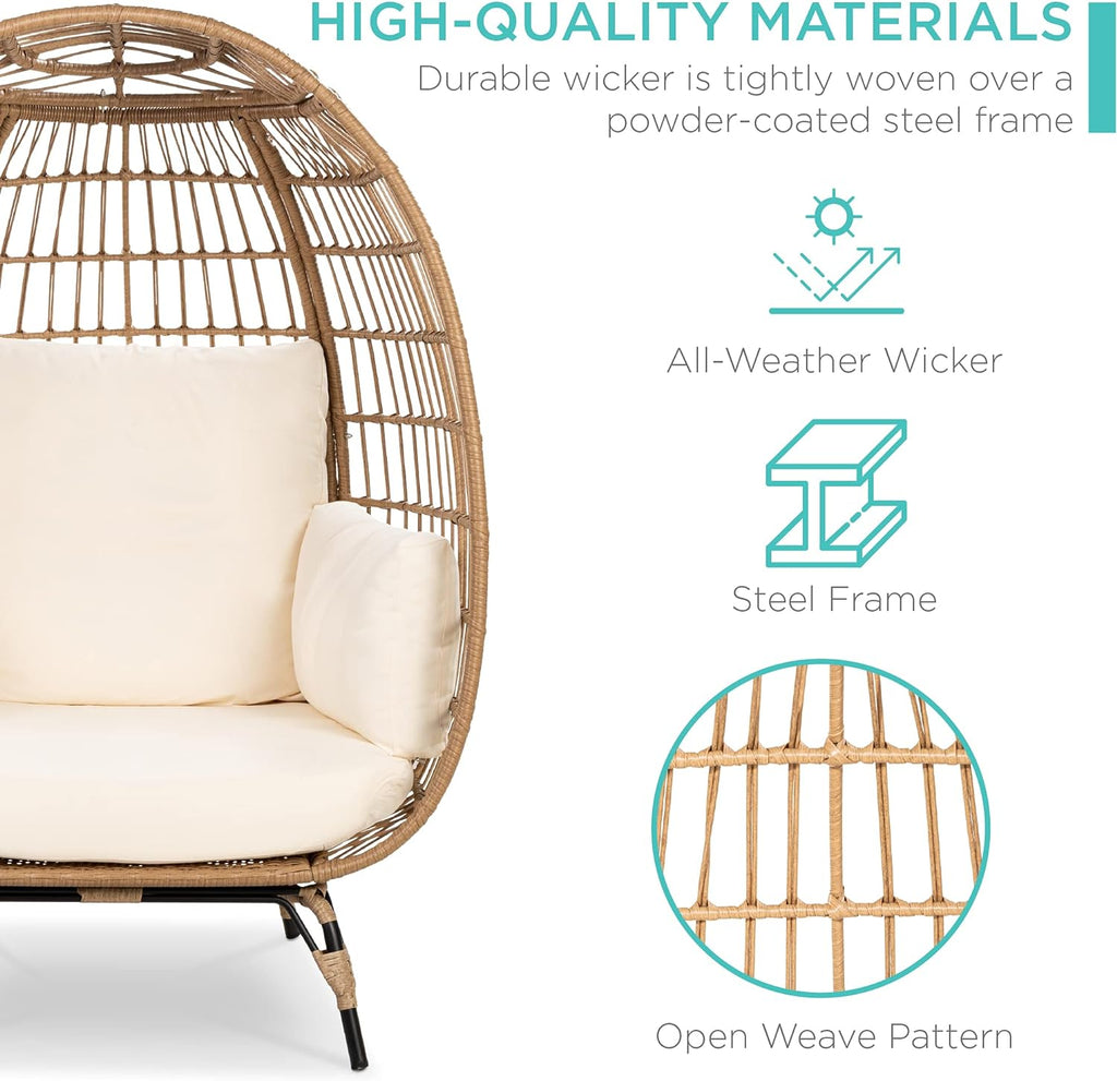 Best Choice Products Wicker Egg Chair Oversized Indoor Outdoor Lounger for Patio Backyard Living Room w/ 4 Cushions Steel Frame 440lb Capacity - Ivory