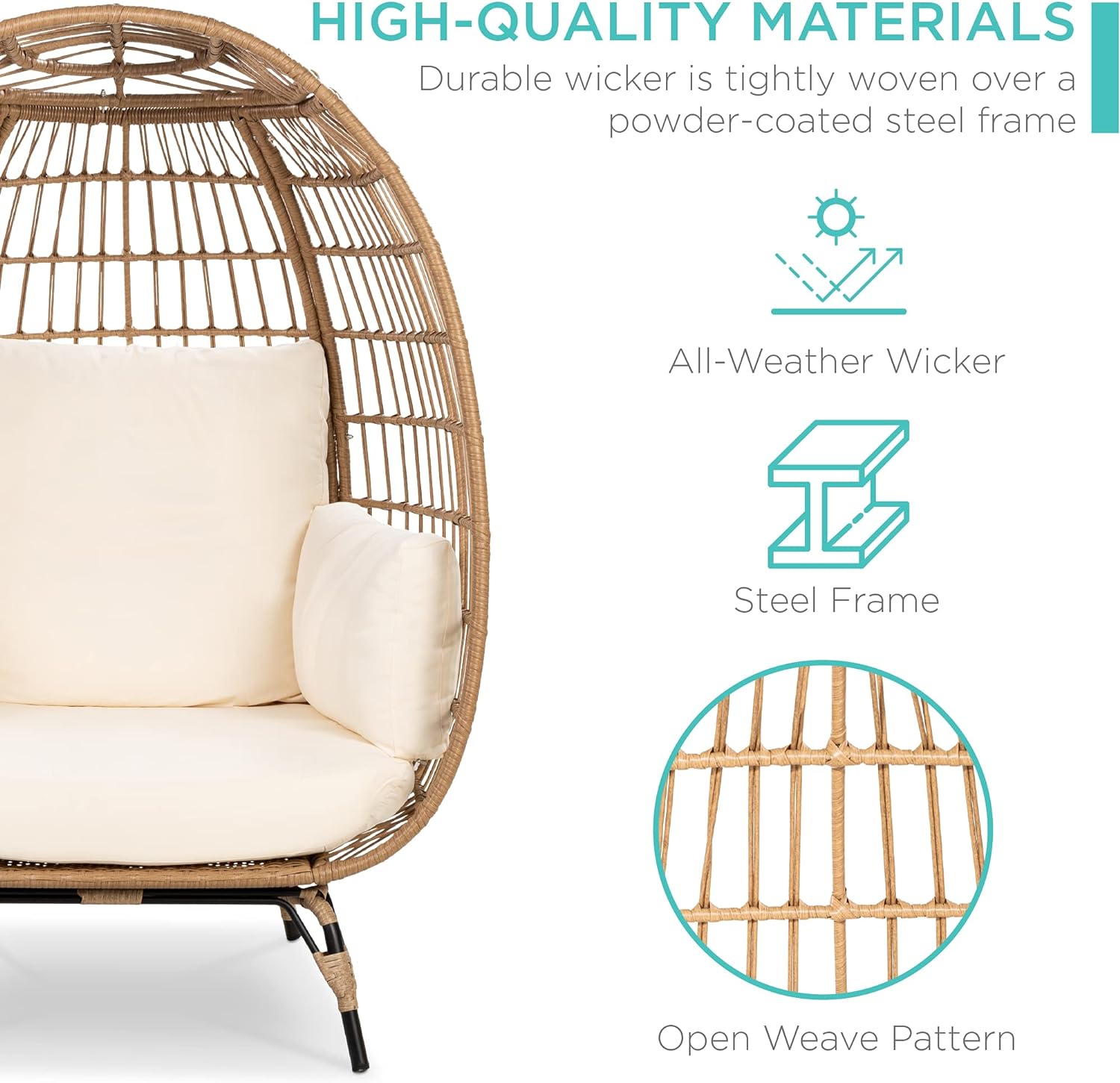 Best Choice Products Wicker Egg Chair Oversized Indoor Outdoor Lounger for Patio Backyard Living Room w/ 4 Cushions Steel Frame 440lb Capacity - Ivory