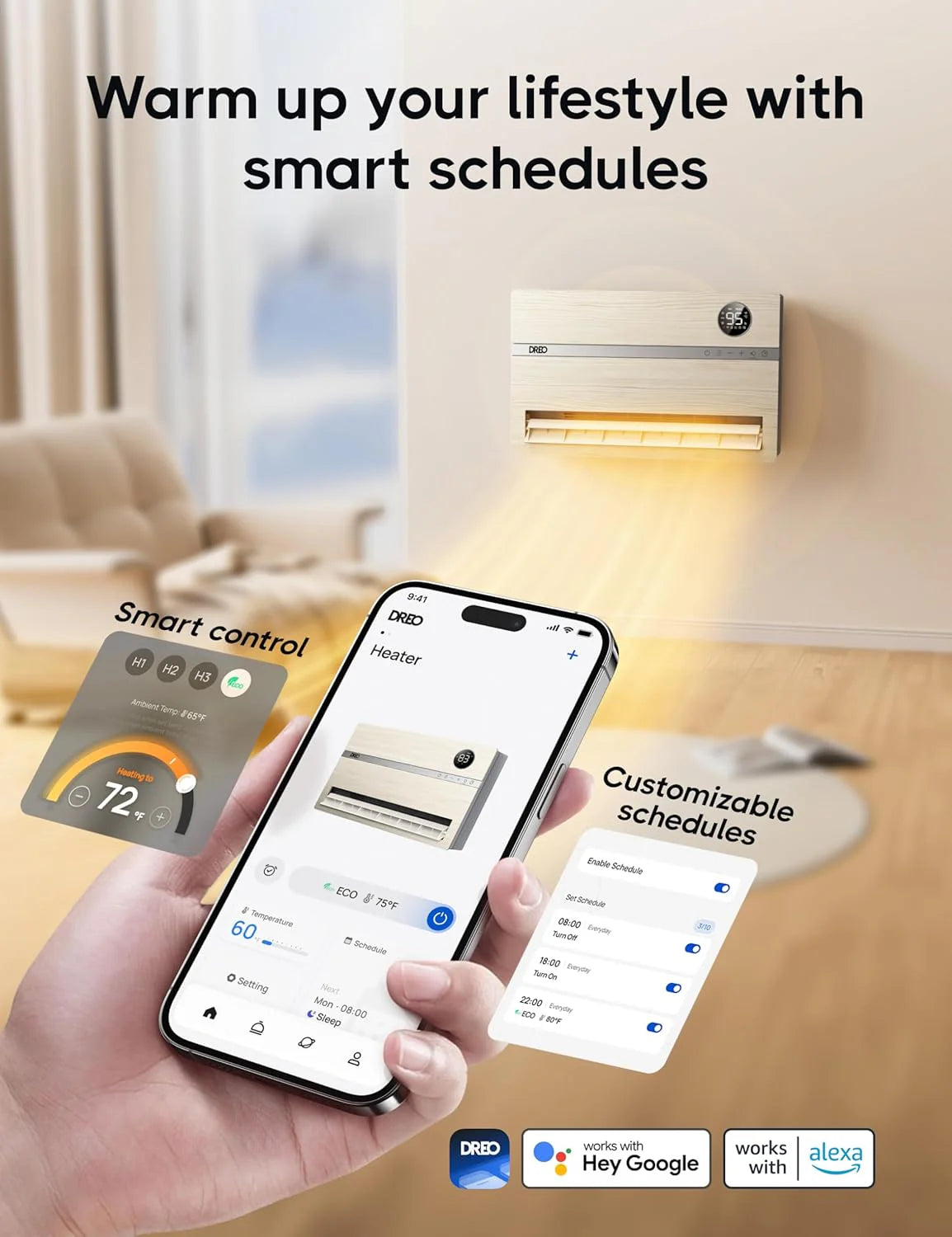 Dreo Smart Wall Heater, Electric Space Heater for Bedroom 1500W, 120° Vertical Oscillation, Adjustable Thermostat, Remote Control, 24H Timer, Easy-Mount Heater for Indoor Use, Works with Alexa, WH719S