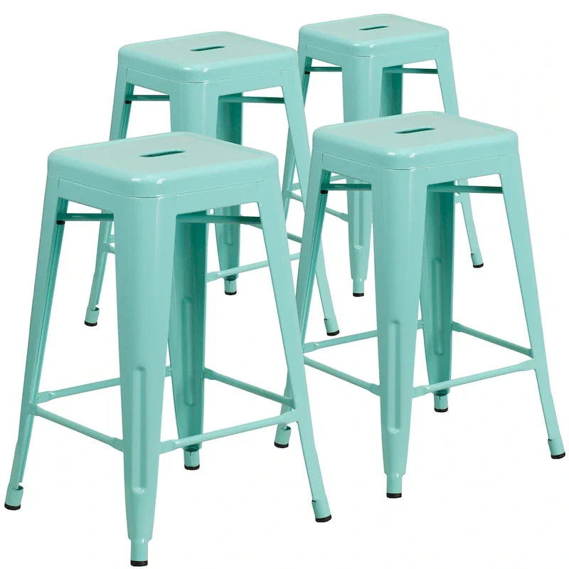 4 Pack 24H Backless Metal Indoor-Outdoor Counter Height Stool w/Square Seat