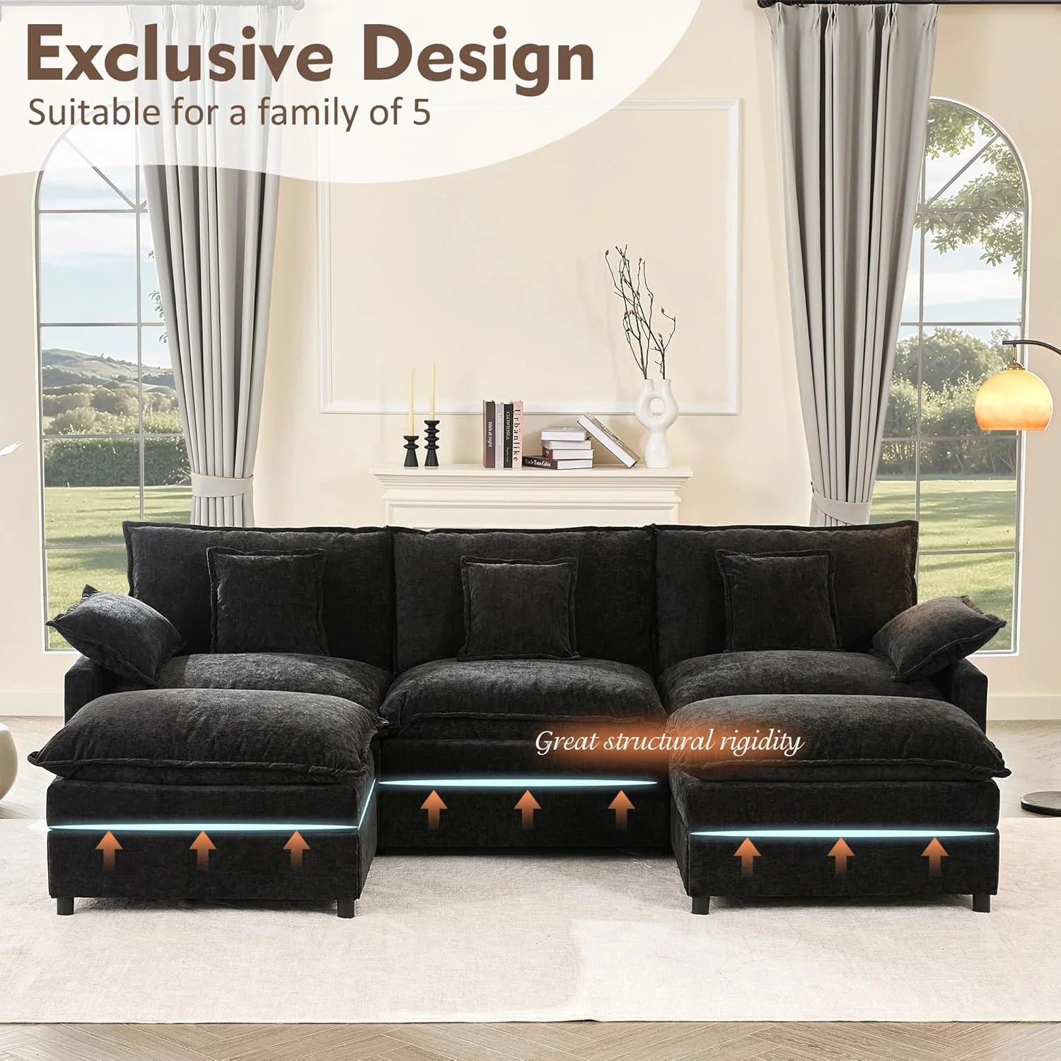 108" U Shaped Couch, Modular Sectional Sofa, 3-Seater Comfy Cloud Couch with Movable Ottoman, Deep Seat Couches for Living Room, Linen, Beige