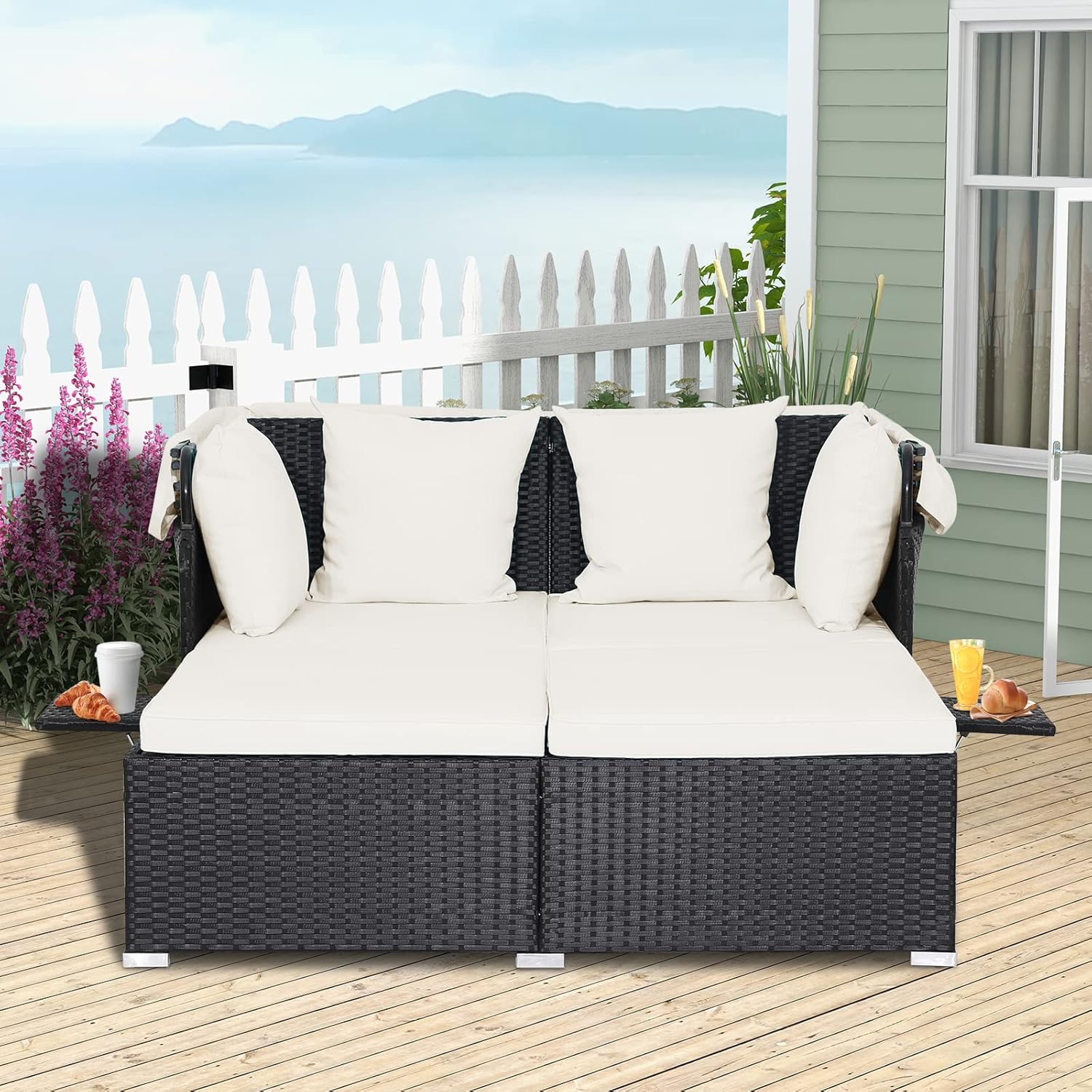 RELAX4LIFE Patio Outdoor Daybed Canopy Wicker Sunbed Cushions Lounge Bed Conversation