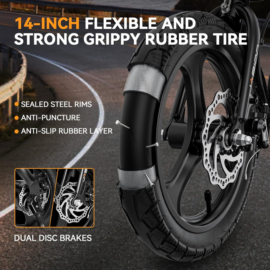Jasion EB3 Electric Bike Adults 21mph, 500W Peak Motor, 270Wh Battery, Rear Suspension, 3 Levels Assist, 14&prime;&prime; Folding Ebike for Adults and Teens, Complies to UL2849