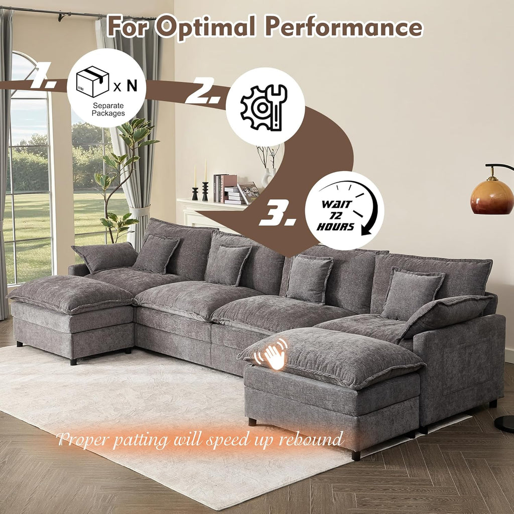 108" U Shaped Couch, Modular Sectional Sofa, 3-Seater Comfy Cloud Couch with Movable Ottoman, Deep Seat Couches for Living Room, Linen, Beige