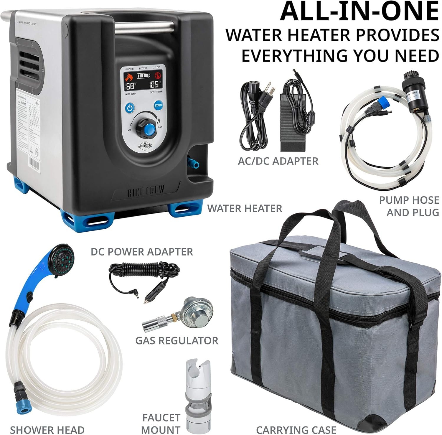 2025 Portable Propane Water Heater & Shower Pump w/Built-in Battery | Compact Outdoor Cleaning & Showering System w/LCD, Safety Shutoff & Carry Case, Instant Hot Water for Camping & Hiking