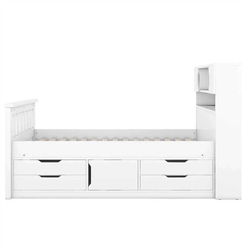 Twin/Full Size Captain Platform Bed with 4 Drawers and Storage Shelves, Solid Wood Bed Frame with Storage Bookcase Headboard