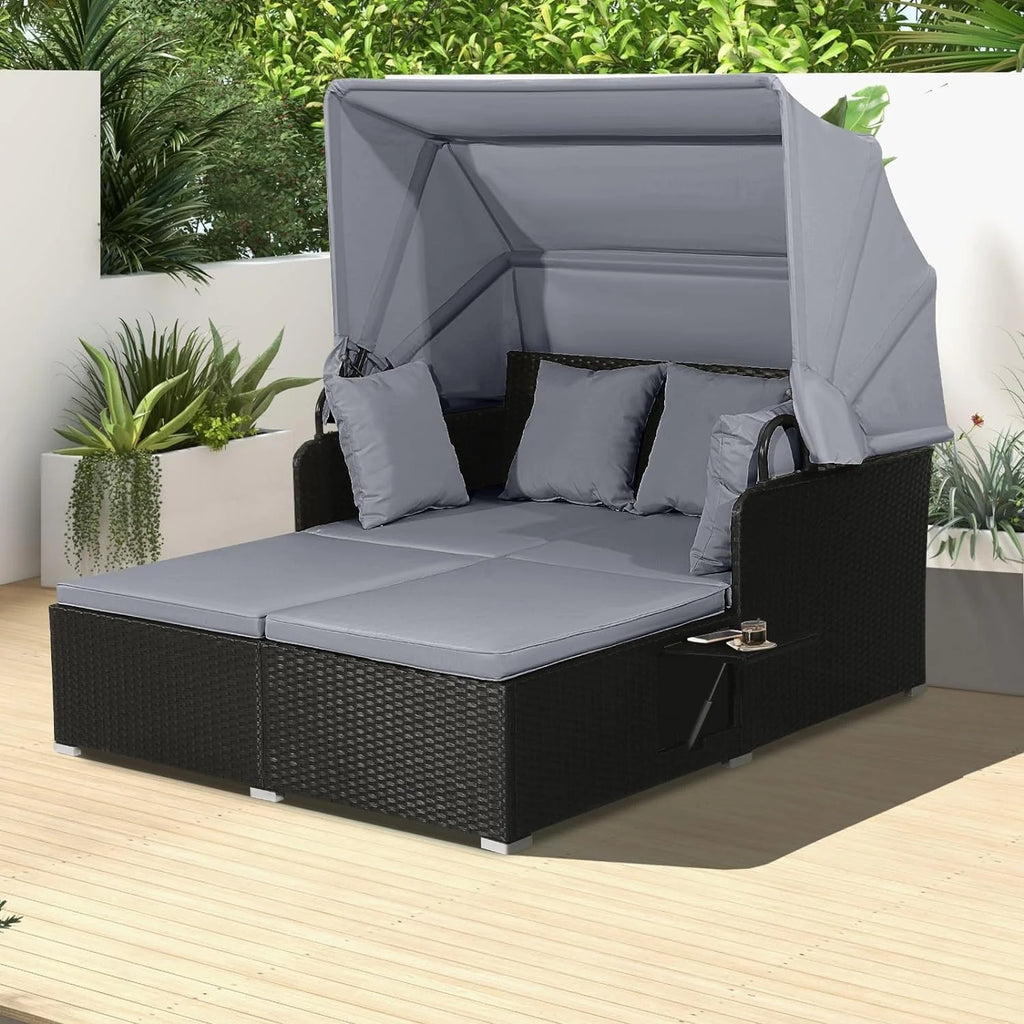 RELAX4LIFE Patio Outdoor Daybed Canopy Wicker Sunbed Cushions Lounge Bed Conversation