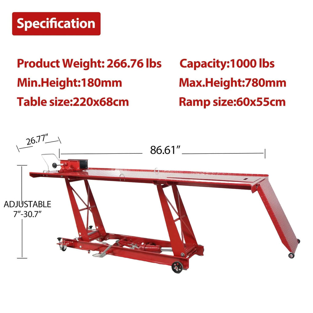 Hydraulic Motorcycle Lift - 1000lbs Capacity, Lift Hoist, Jack Stand, for Mechanics, Workshops, Homes