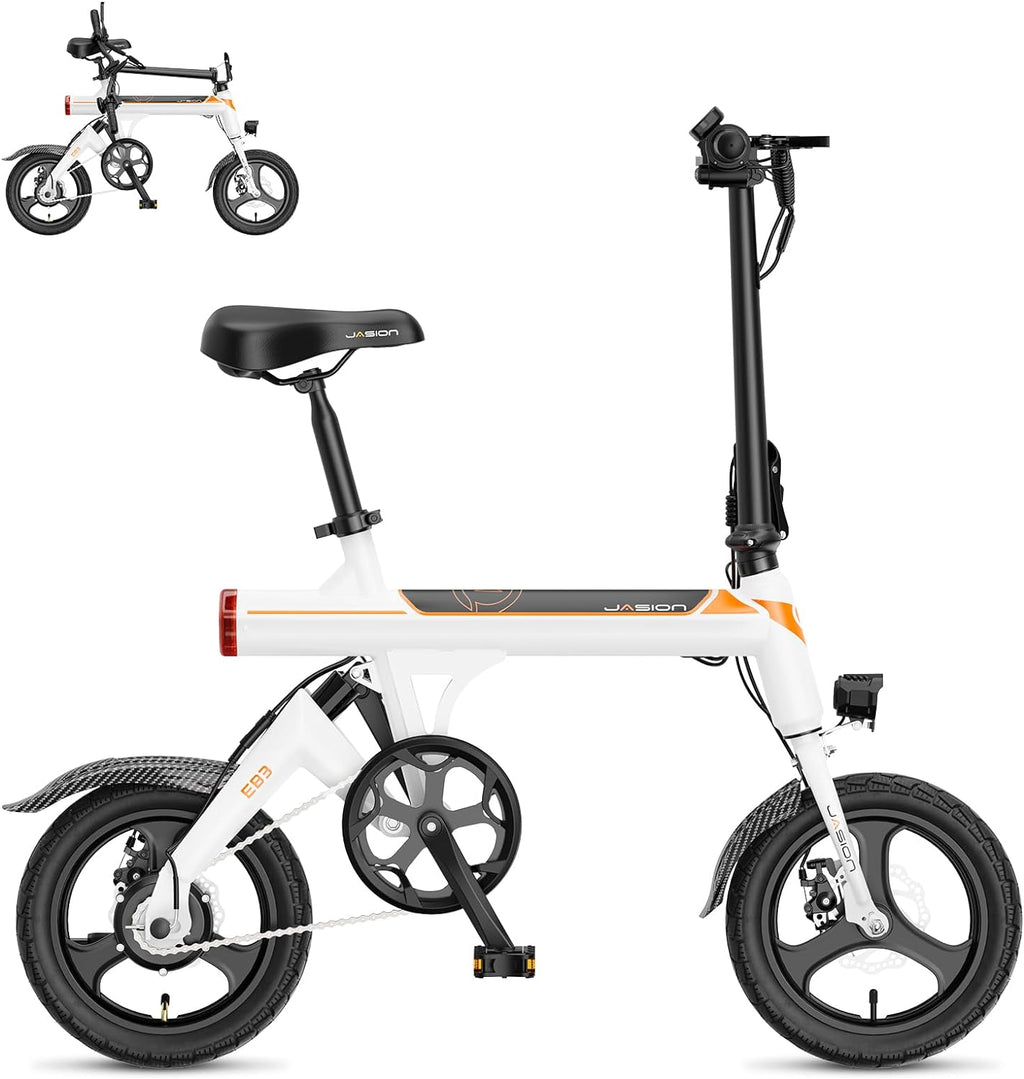 Jasion EB3 Electric Bike Adults 21mph, 500W Peak Motor, 270Wh Battery, Rear Suspension, 3 Levels Assist, 14&prime;&prime; Folding Ebike for Adults and Teens, Complies to UL2849