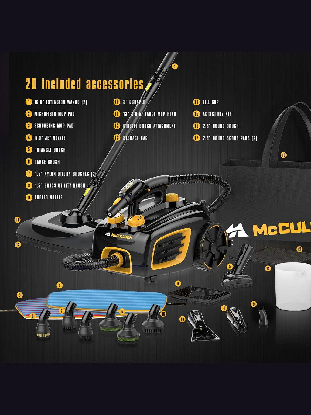 McCulloch MC1375 Canister Steam Cleaner with 20 Accessories, Extra Long Power Cord, Chemical Free Cleaning for Most Floors, Counters, Appliances, Windows, Autos, and More, 1 (Pack), Black