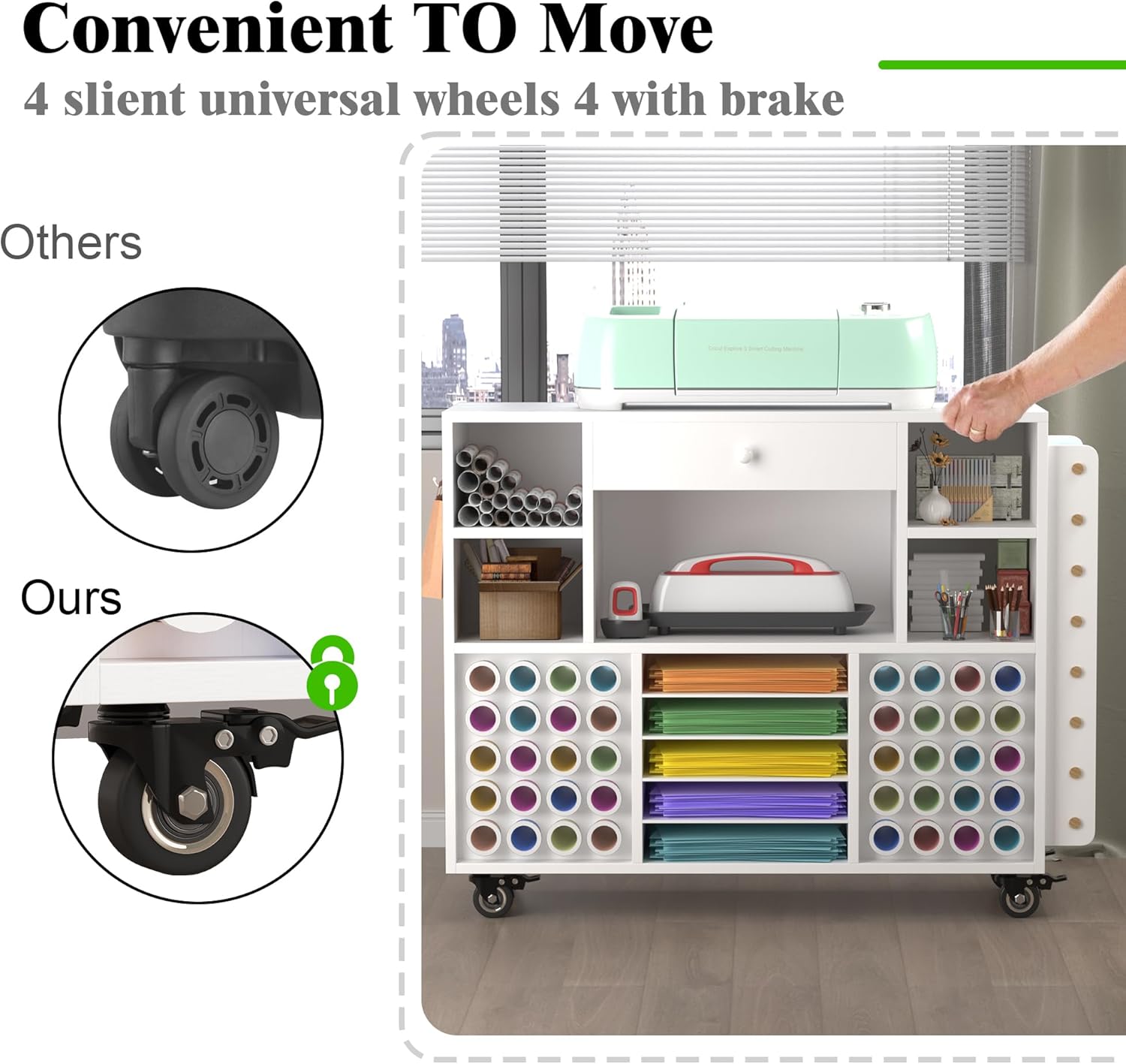 2025 Craft organization and storage Cart Compatible with Cricut Machine, Rolling Craft Organizer With large drawer & 48 Vinyl Roll Holder, Crafting Cabinet Table Workstation for Craft Room Home