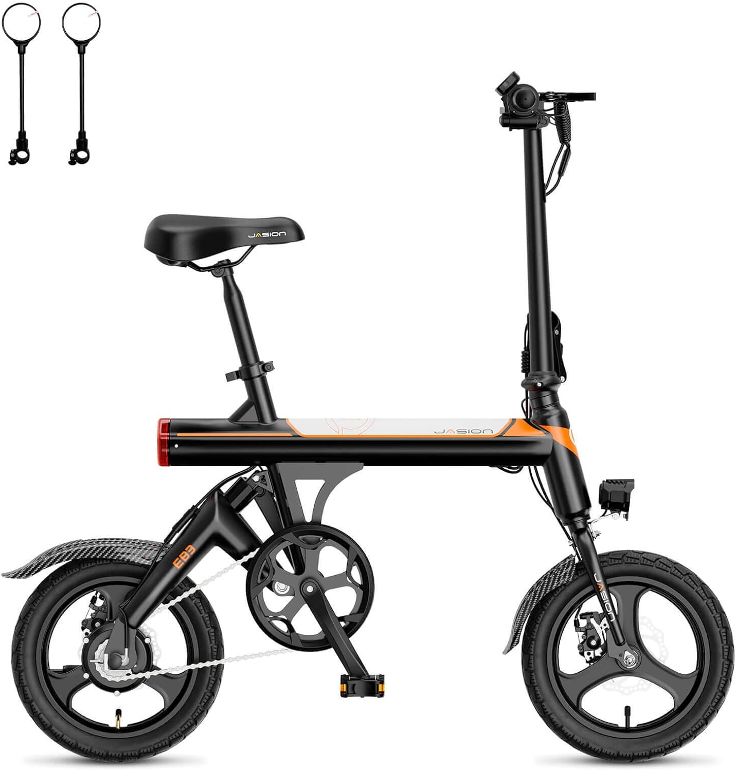 Jasion EB3 Electric Bike Adults 21mph, 500W Peak Motor, 270Wh Battery, Rear Suspension, 3 Levels Assist, 14&prime;&prime; Folding Ebike for Adults and Teens, Complies to UL2849
