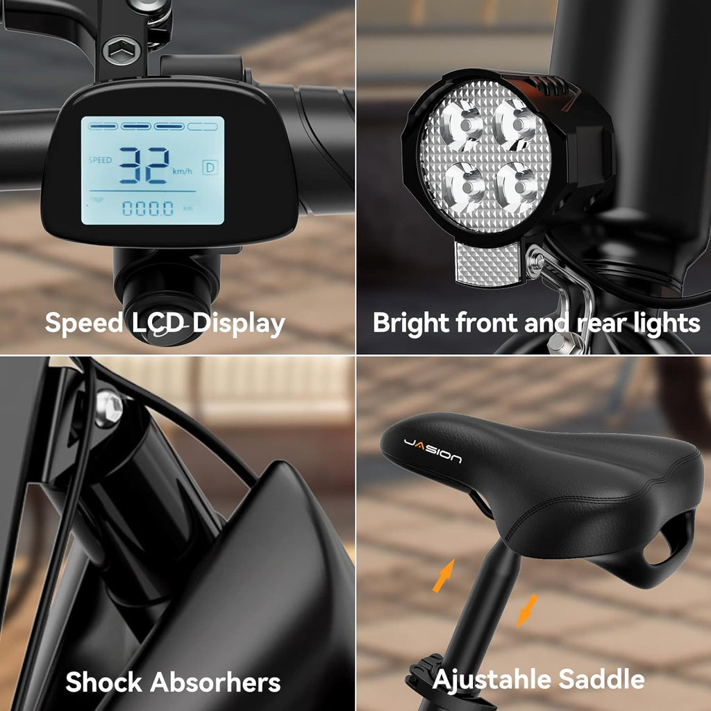 Jasion EB3 Electric Bike Adults 21mph, 500W Peak Motor, 270Wh Battery, Rear Suspension, 3 Levels Assist, 14&prime;&prime; Folding Ebike for Adults and Teens, Complies to UL2849