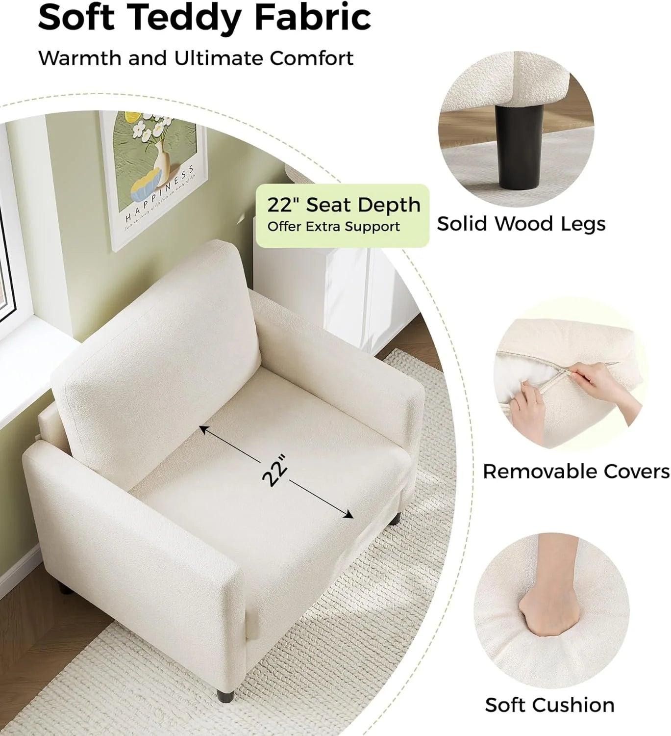 Loveseat Sofa 51" Love Seat Comfy Corduroy Small Loveseat Small Spaces Tool-Free Setup Couch