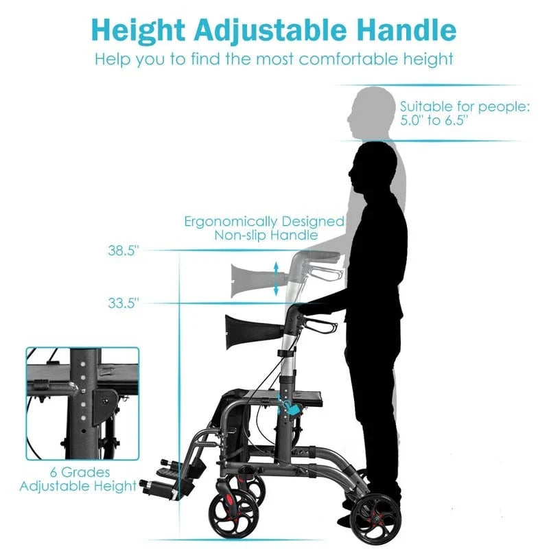 2 In 1 Rollator Walker Wheelchair Folding Medical Walker Aluminum Transport Chair Mobility Walking Aid - Comfortable And Ergonomic Design