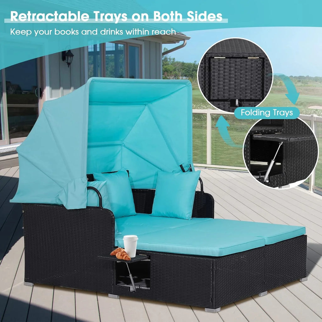 RELAX4LIFE Patio Outdoor Daybed Canopy Wicker Sunbed Cushions Lounge Bed Conversation