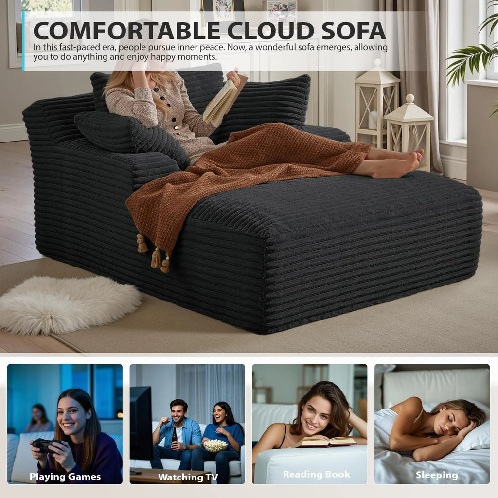 50 Inch Chaise Lounge Chair Indoor, Oversized Corduroy Upholstered Boneless Sofa Bed, Deep Seat Sleeper Couch Reading Chairs, Cloud Sofas Couches for Living Room, No Assembly Required (Dark Grey)