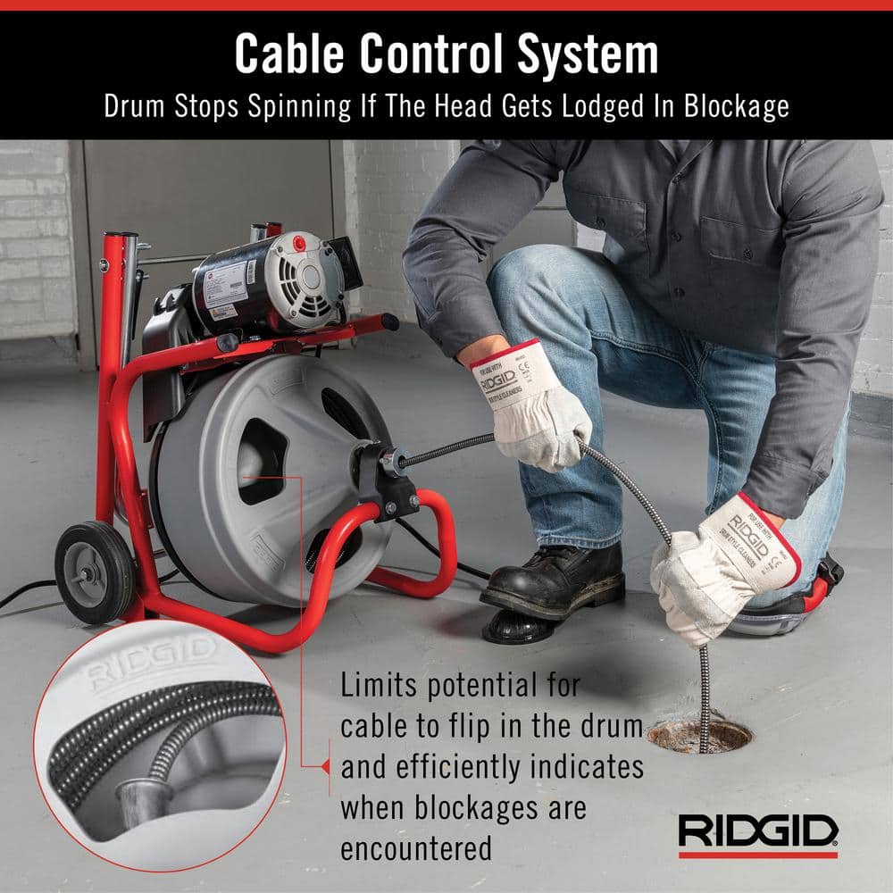 K 400 Drain Cleaning Snake Auger 120 Volt Drum Machine with C 32IW 3/8 in. x 75 ft. Cable   4 Piece Tool Set &amp; Gloves 52363