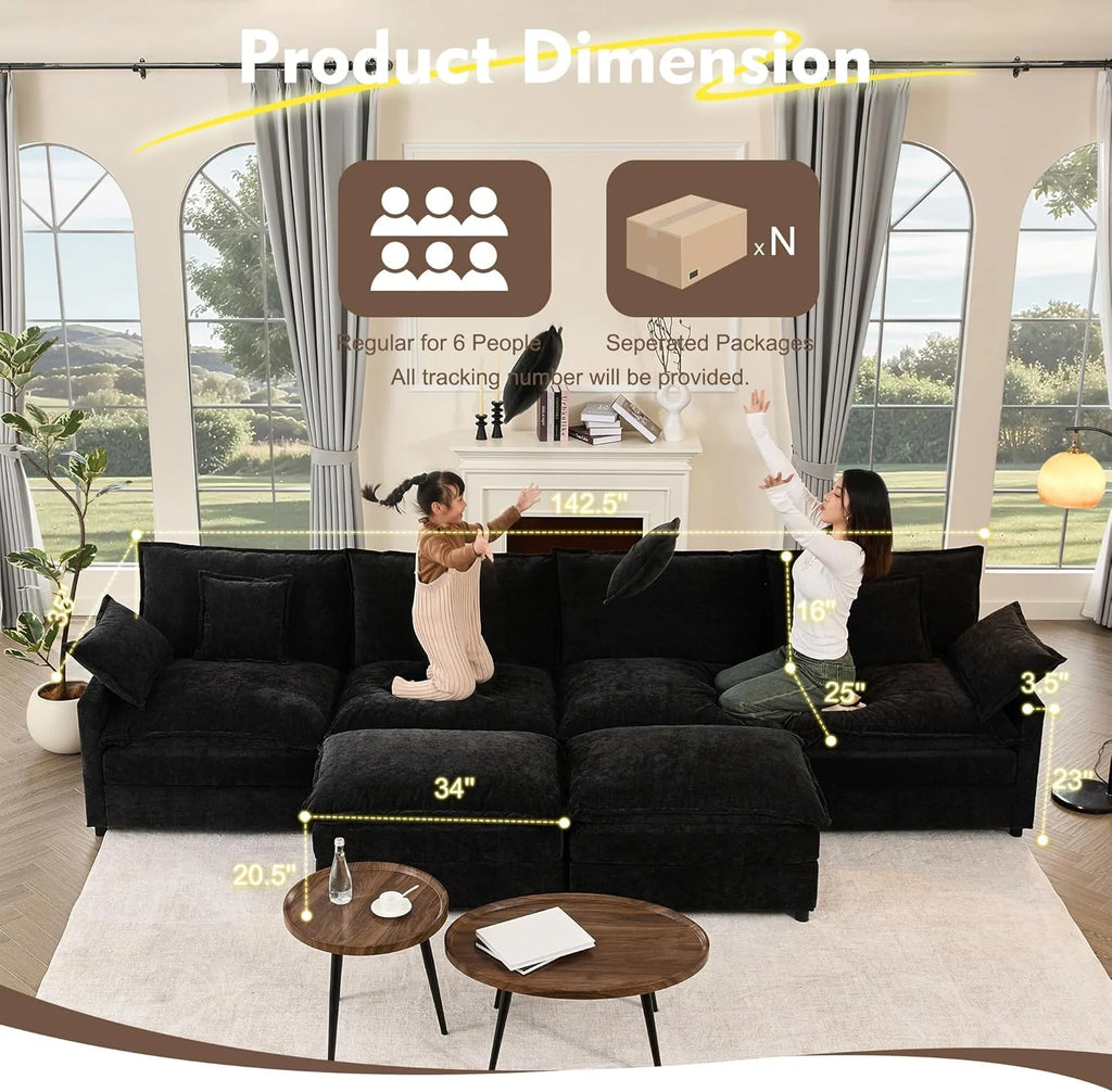 108" U Shaped Couch, Modular Sectional Sofa, 3-Seater Comfy Cloud Couch with Movable Ottoman, Deep Seat Couches for Living Room, Linen, Beige