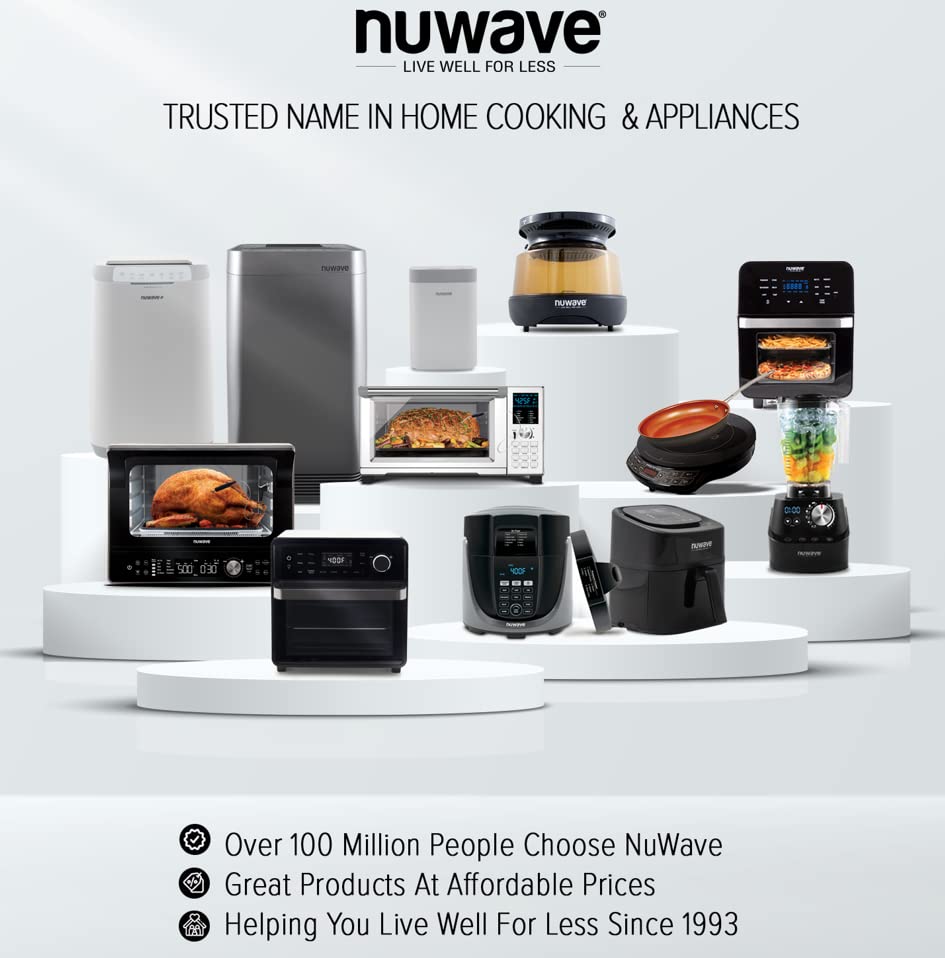 Nuwave Brio 8 Qt Air Fryer, Powerful 1800W, Easy to Read Cool White Display, 50° 400°F Temp Controls, 100 Pre Programmed Presets &amp; 50 Memory Slots, Integrated Smart Thermometer, Linear T Technology