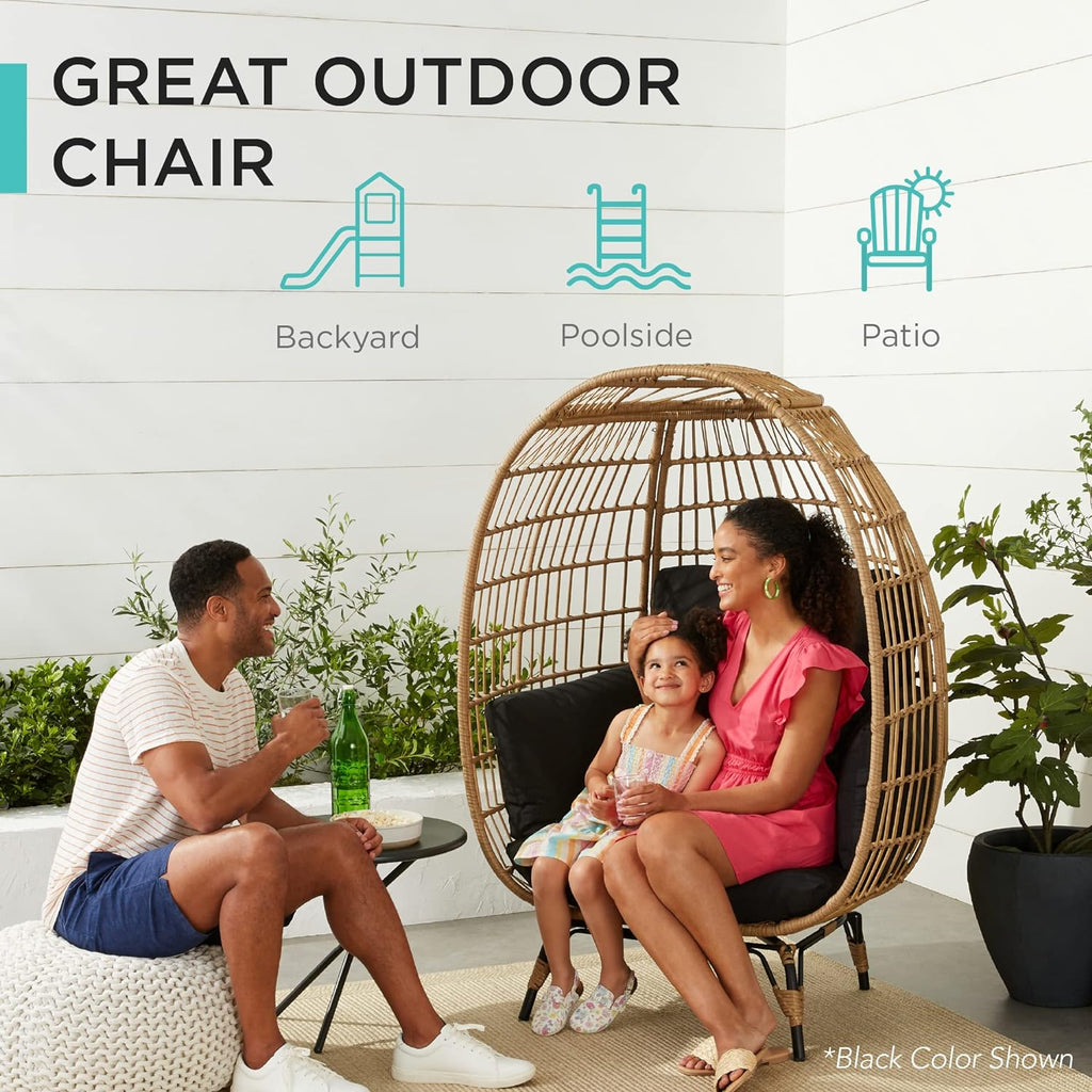 Best Choice Products Wicker Egg Chair Oversized Indoor Outdoor Lounger for Patio Backyard Living Room w/ 4 Cushions Steel Frame 440lb Capacity - Ivory