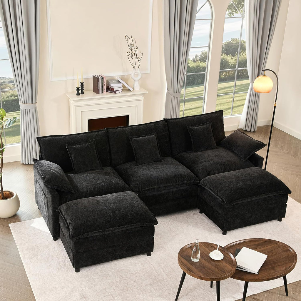 108" U Shaped Couch, Modular Sectional Sofa, 3-Seater Comfy Cloud Couch with Movable Ottoman, Deep Seat Couches for Living Room, Linen, Beige