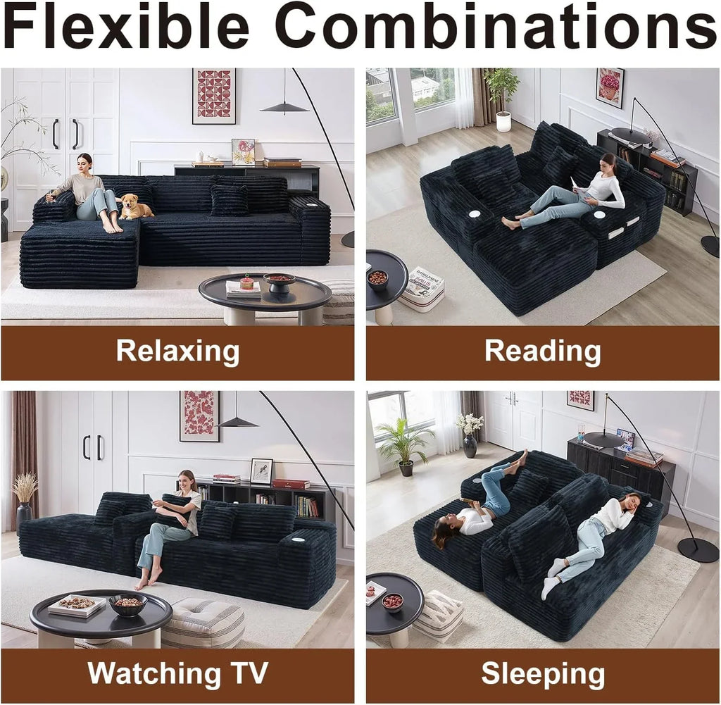 Cloud section sofa with L-shaped recliner modern modular sofa built-in cup holder