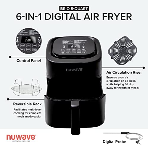 Nuwave Brio 8 Qt Air Fryer, Powerful 1800W, Easy to Read Cool White Display, 50° 400°F Temp Controls, 100 Pre Programmed Presets &amp; 50 Memory Slots, Integrated Smart Thermometer, Linear T Technology
