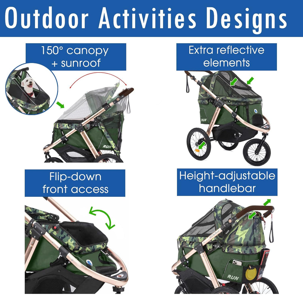 Jogging Sports Stroller with Comfort Rubber Wheels/Zipper-Less Entry/1-Hand Quick Fold/Aluminum Frame for Small/Medium Dogs Cats and Pets (Green Camo)