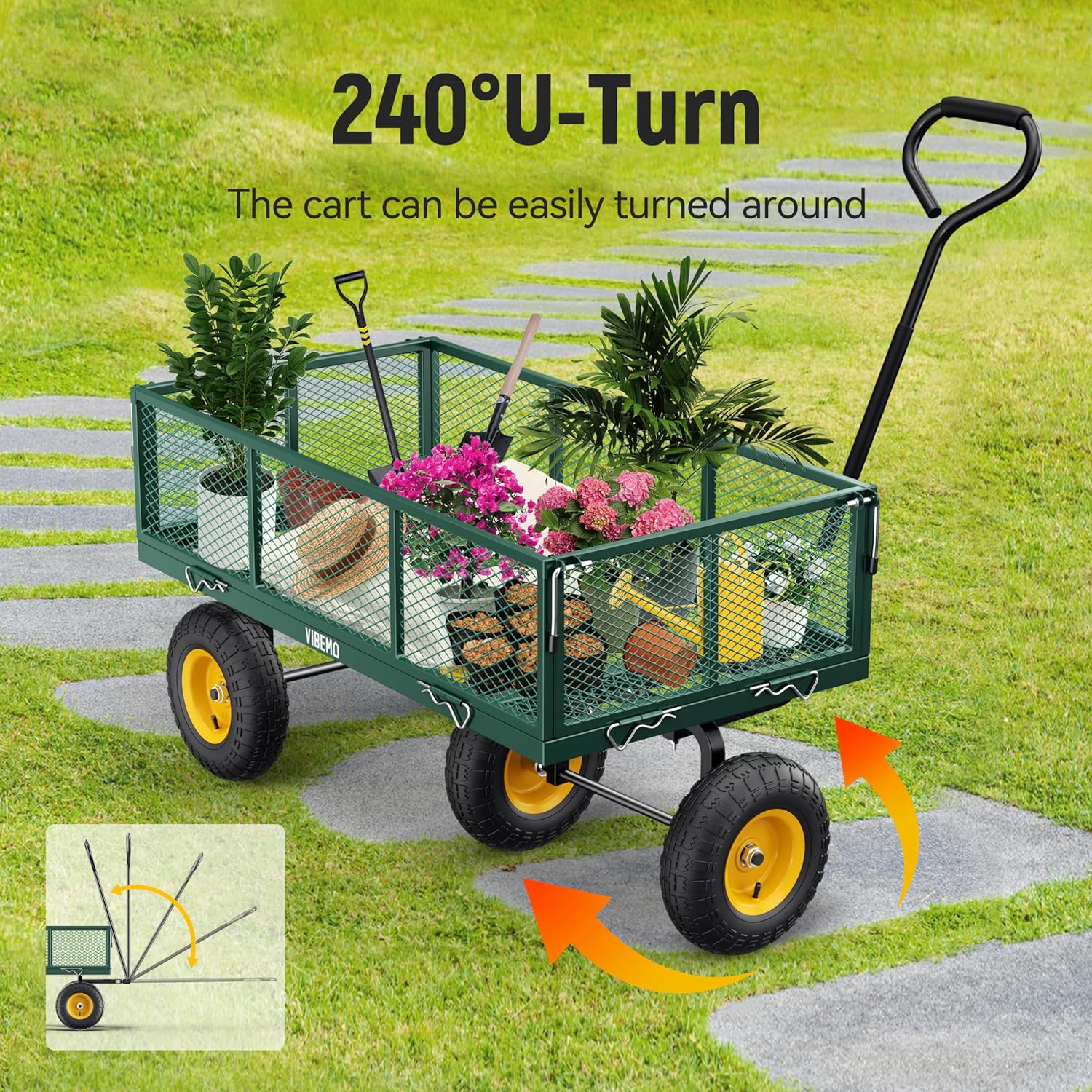 Steel Garden Cart 2-in-1 1400 lbs Heavy Duty Utility Wagon with Removable Mesh Sides to Convert into Flatbed 240?? U-Turn 13" Pneumatic Tires Garden Wagon for Farm Yard Lawn Garden Camping