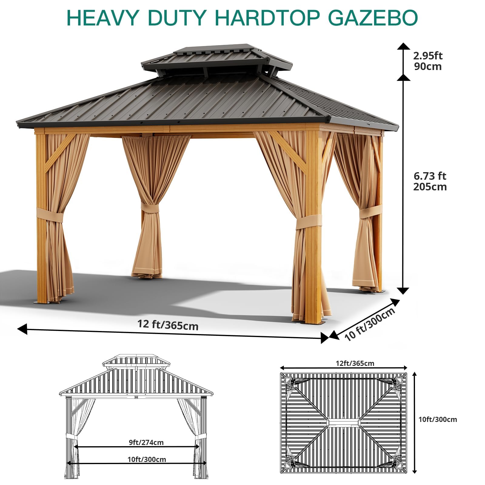 2025 10X13 FT Outdoor Galvanised Steel Hardtop Gazebo, Heavy Duty Double Roof Outdoor Gazebo with Netting and Sunshade Curtains, Aluminium Framed Gazebo for Patio, Terrace, Lawn and Deck, Khaki