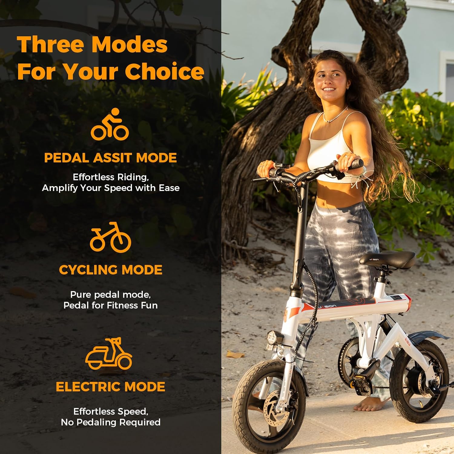 Jasion EB3 Electric Bike Adults 21mph, 500W Peak Motor, 270Wh Battery, Rear Suspension, 3 Levels Assist, 14&prime;&prime; Folding Ebike for Adults and Teens, Complies to UL2849