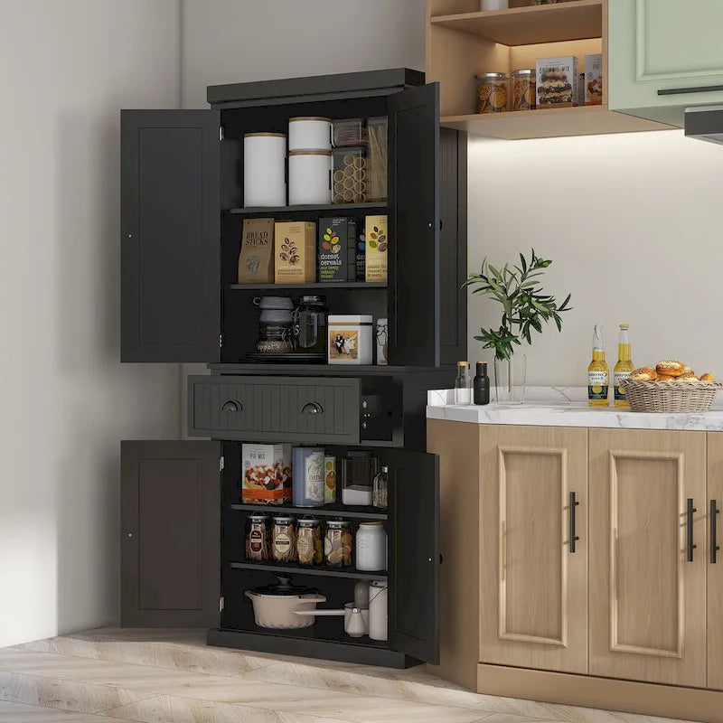 72  Kitchen Pantry Storage Cabinet, Traditional Freestanding Cabinet with 4 Doors and 3 Adjustable Shelves, Large Central Drawer