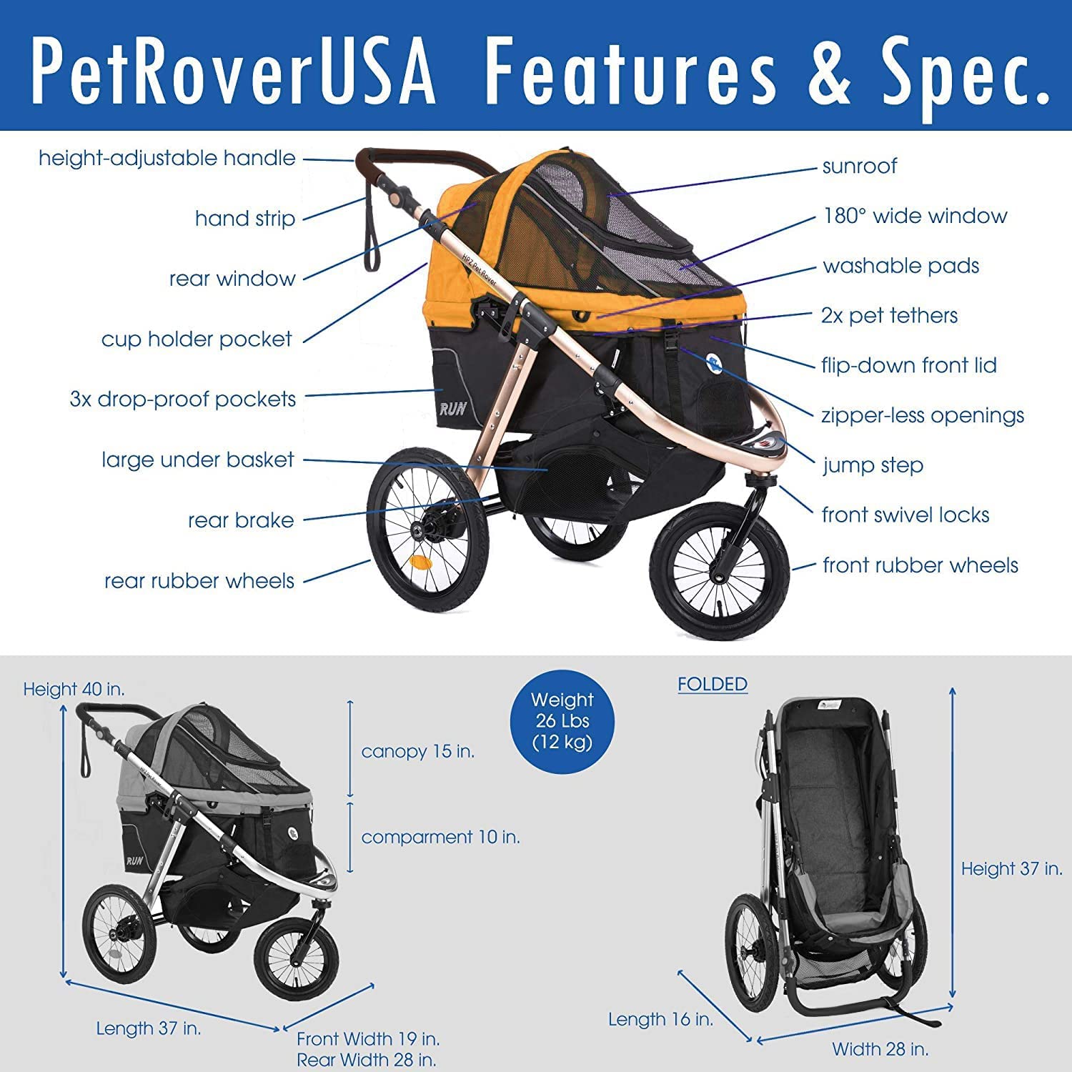 Jogging Sports Stroller with Comfort Rubber Wheels/Zipper-Less Entry/1-Hand Quick Fold/Aluminum Frame for Small/Medium Dogs Cats and Pets (Green Camo)