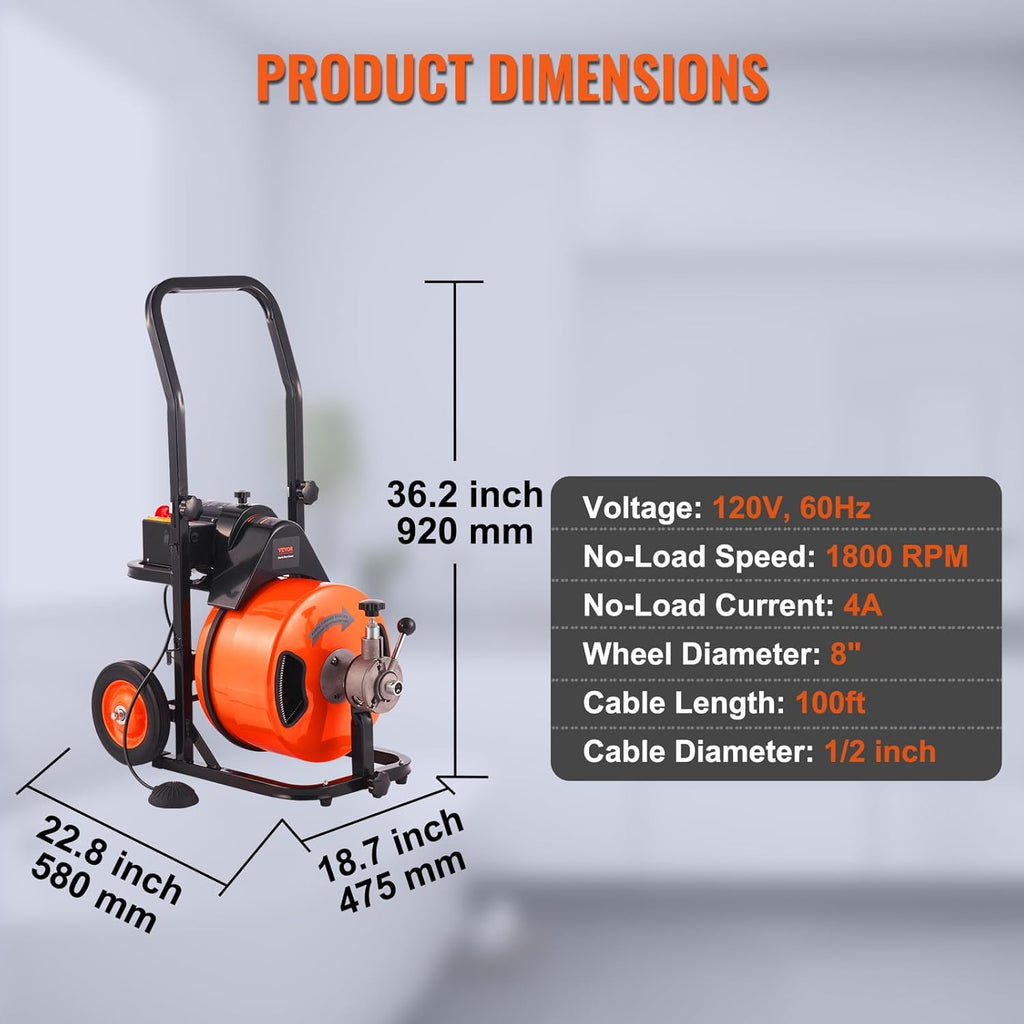 2025 Drain Cleaner Machine 100FT x 1/2Inch, Auto Feed Sewer Snake Auger with 4 Cutter & Air-activated Foot Switch for 1" to 4" Pipes, Orange, Black