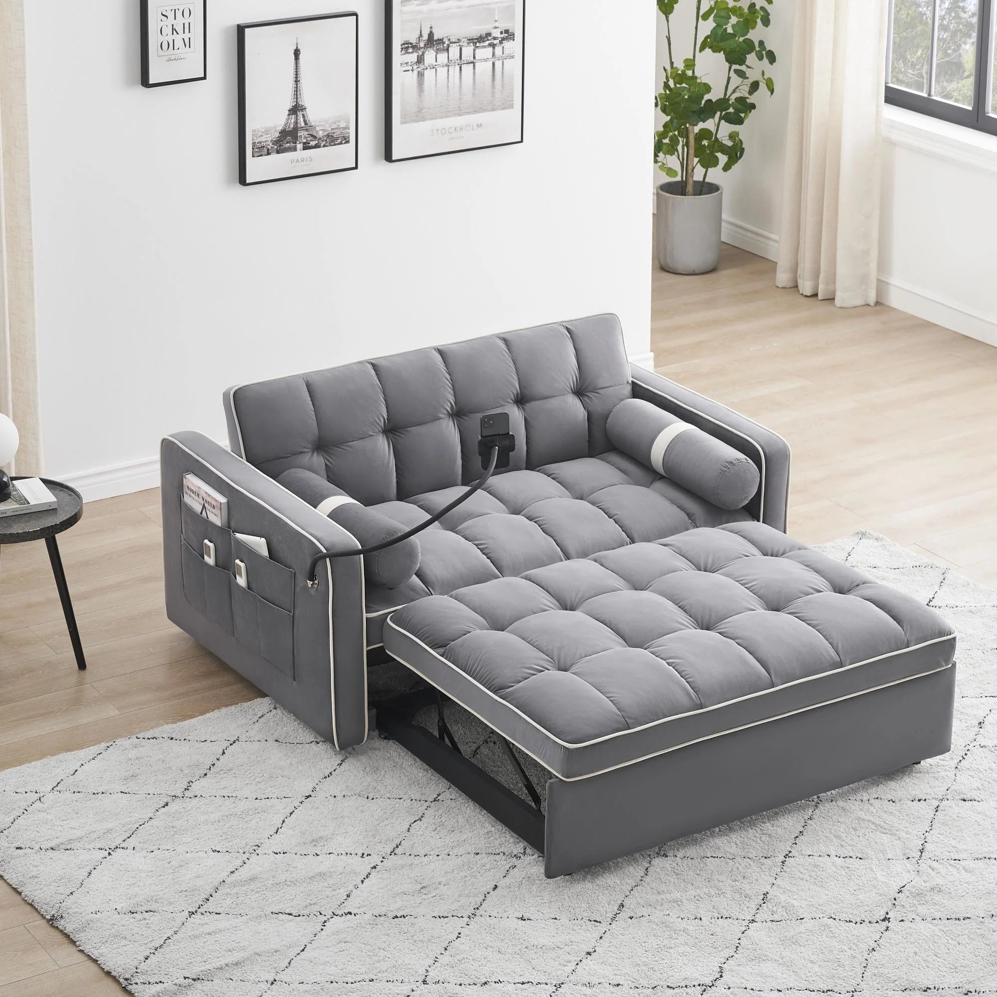 2025 3 in 1 Sleeper Sofa Couch Bed,Small Tufted Velvet Convertible Loveseat Futon Sofa w/Pullout Bed,Adjustable Backrest,Cylinder Pillows,Multi-Pockets,Phone Holder for Living Room Apartment,Grey,55.5"