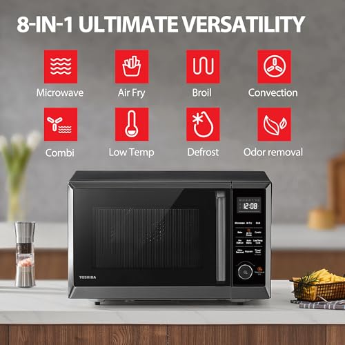 TOSHIBA Air Fryer Combo 8 in 1 Countertop Microwave Oven, with Convection, Broil, Odor Removal Mode, 12.4" Position Memory Turntable, Child Lock, 1.0 Cu.ft, Black Stainless Steel, ML2 EC10SA(BS) : Office Products