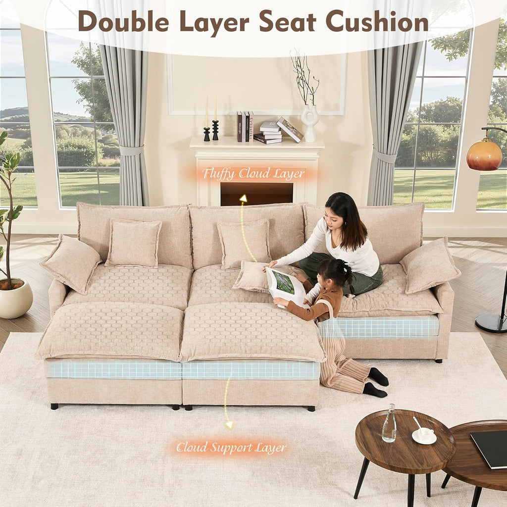 108" U Shaped Couch, Modular Sectional Sofa, 3-Seater Comfy Cloud Couch with Movable Ottoman, Deep Seat Couches for Living Room, Linen, Beige