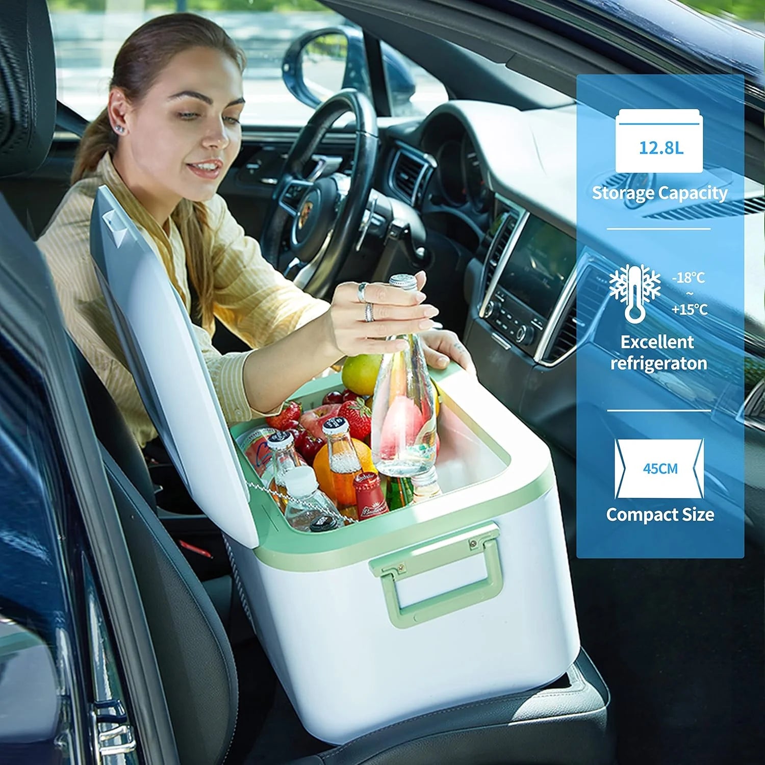 Car Fridge Portable 12 Volt Refrigerator 23 Quart (22 Liter) Freezer Compressor Cooler 12V/24V DC 110～240 V AC for Outdoor, Camping, Travel, Home Use -18℃~+15℃ (Green)