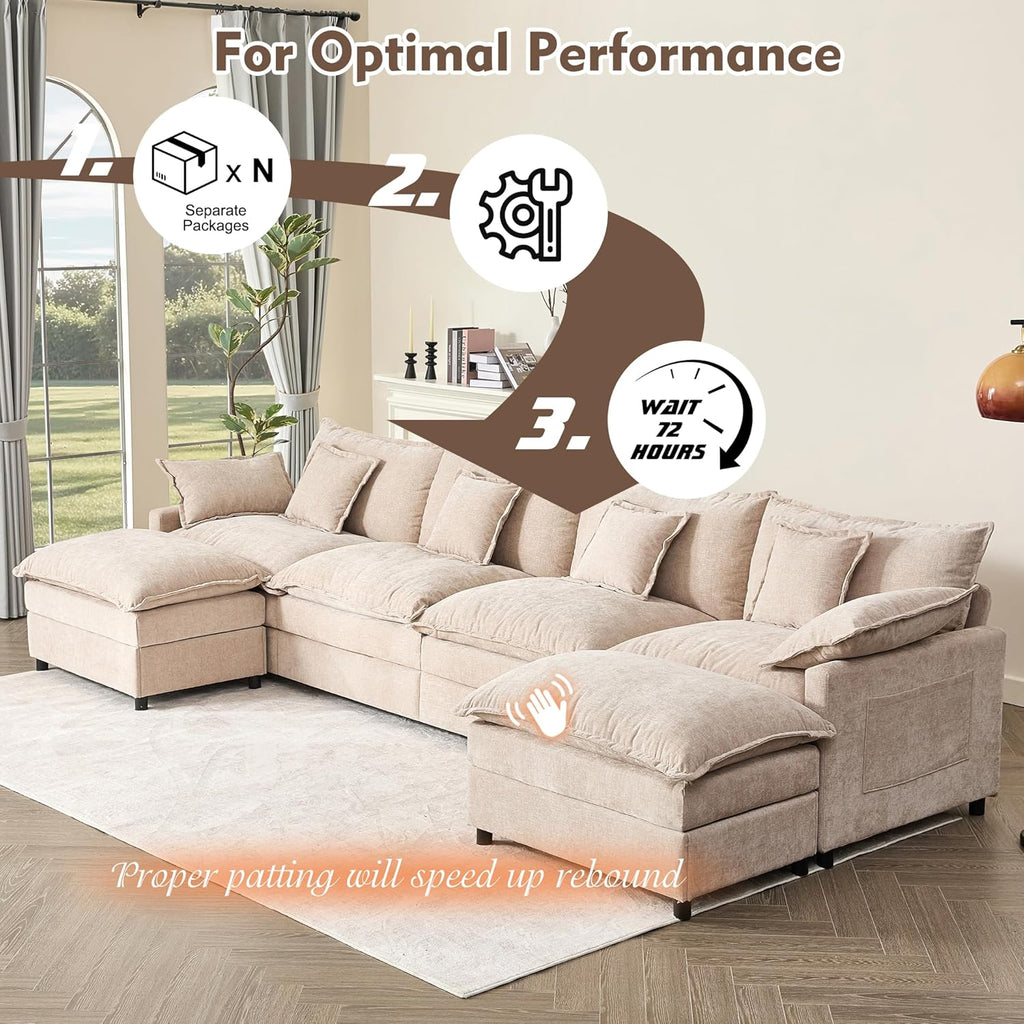 108" U Shaped Couch, Modular Sectional Sofa, 3-Seater Comfy Cloud Couch with Movable Ottoman, Deep Seat Couches for Living Room, Linen, Beige