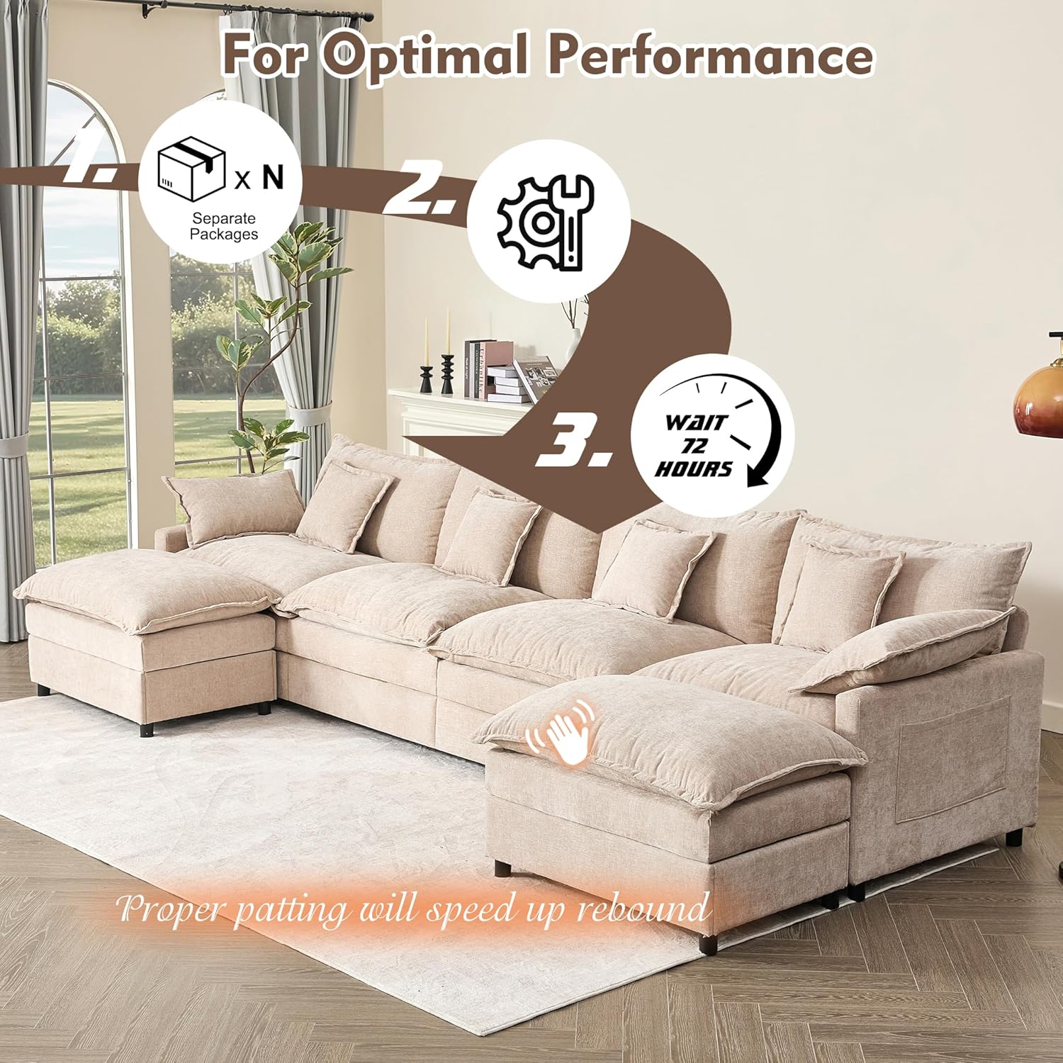 108" U Shaped Couch, Modular Sectional Sofa, 3-Seater Comfy Cloud Couch with Movable Ottoman, Deep Seat Couches for Living Room, Linen, Beige
