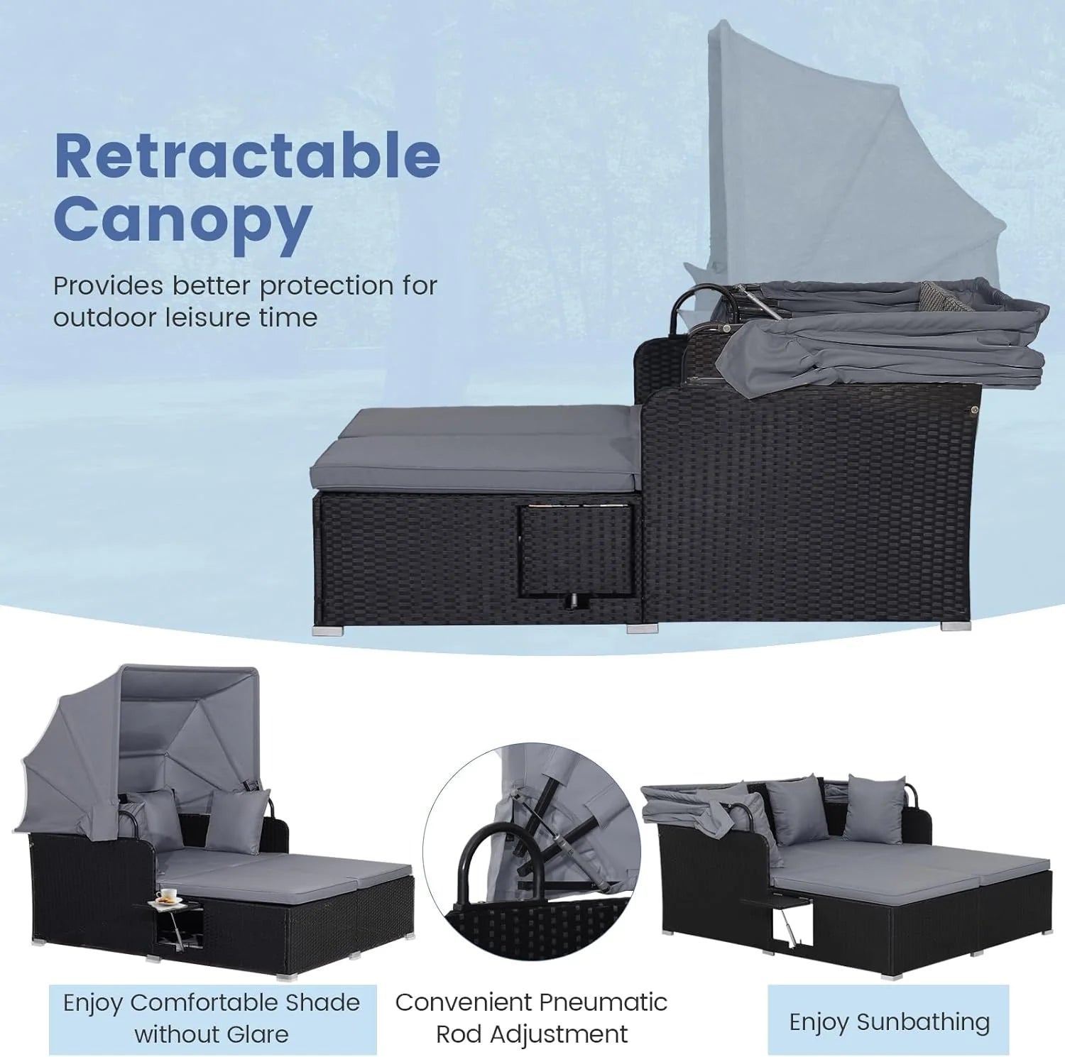 RELAX4LIFE Patio Outdoor Daybed Canopy Wicker Sunbed Cushions Lounge Bed Conversation