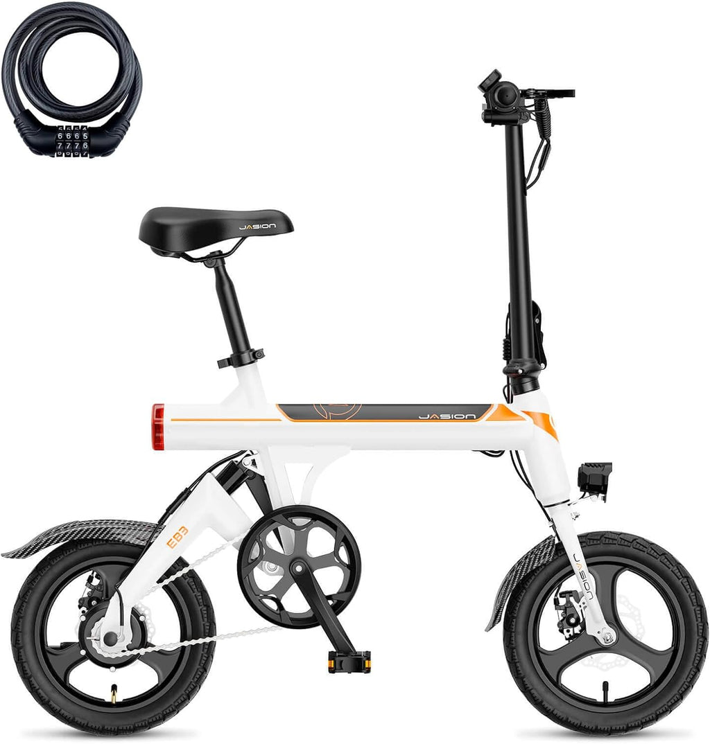 Jasion EB3 Electric Bike Adults 21mph, 500W Peak Motor, 270Wh Battery, Rear Suspension, 3 Levels Assist, 14&prime;&prime; Folding Ebike for Adults and Teens, Complies to UL2849