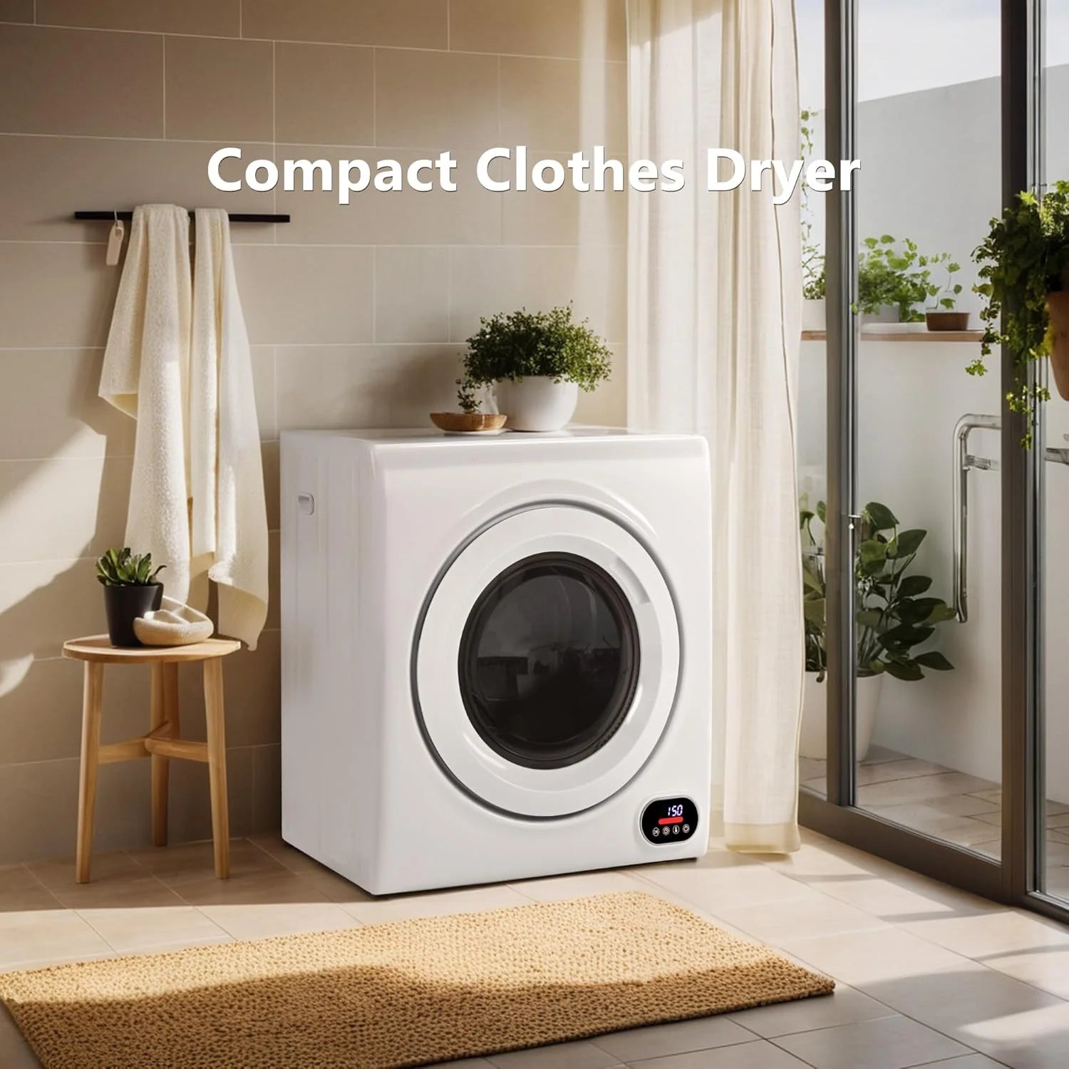 Compact Laundry Dryer, 3.5 cu ft Front Load Stainless Steel Clothes Dryers With Exhaust Pipe, 1500W, LCD Control Panel Four-Function Portable Dryer For Apartments, Home, Dorm, White