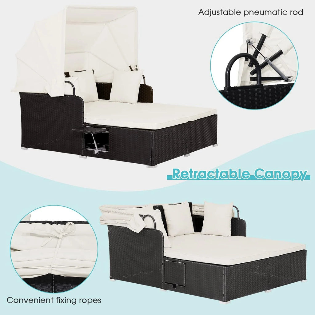 RELAX4LIFE Patio Outdoor Daybed Canopy Wicker Sunbed Cushions Lounge Bed Conversation